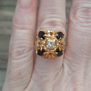 Green Tourmaline and diamond square Bombe style ring, 14kt yellow gold
